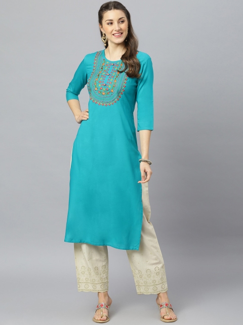 

FASHION DEPTH Women Blue Paisley Yoke Design Keyhole Neck Thread Work Kurta