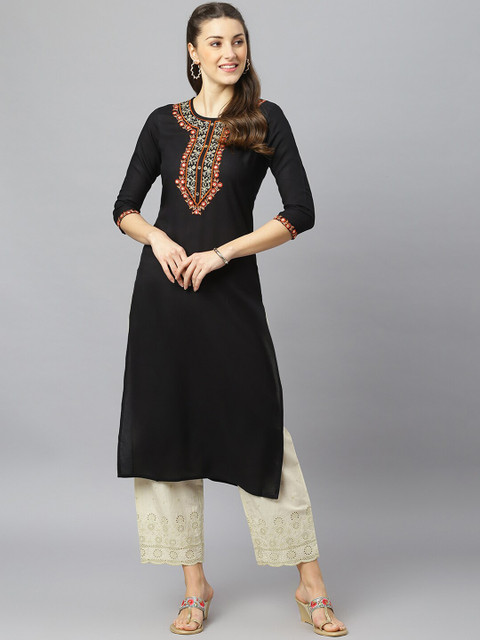 

FASHION DEPTH Women Black Geometric Yoke Design Keyhole Neck Thread Work Kurta