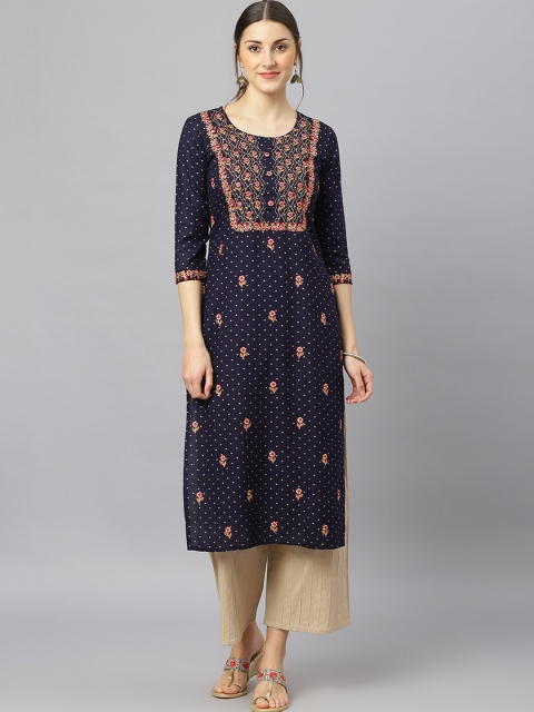 

FASHION DEPTH Women Blue Ethnic Motifs Embroidered Thread Work Kurta