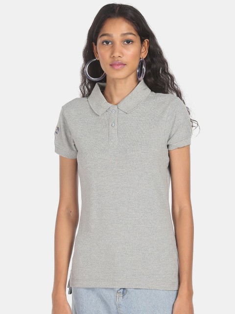

U S Polo Assn Women Grey Polo Collar Applique T-shirt