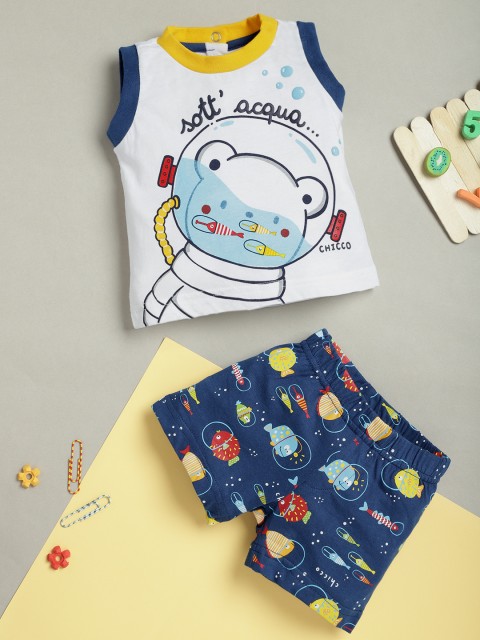 

Chicco Infant Boys White & Blue Pure Cotton Printed T-shirt with Shorts