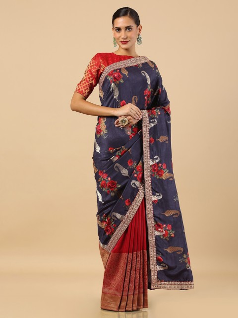 

Soch Blue & Red Floral Woven Design Tussar Saree
