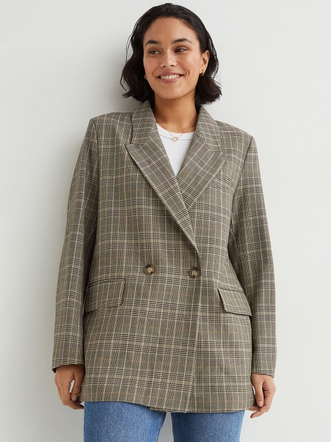 

H&M Women Grey & White Checked Double-Breasted Jacket