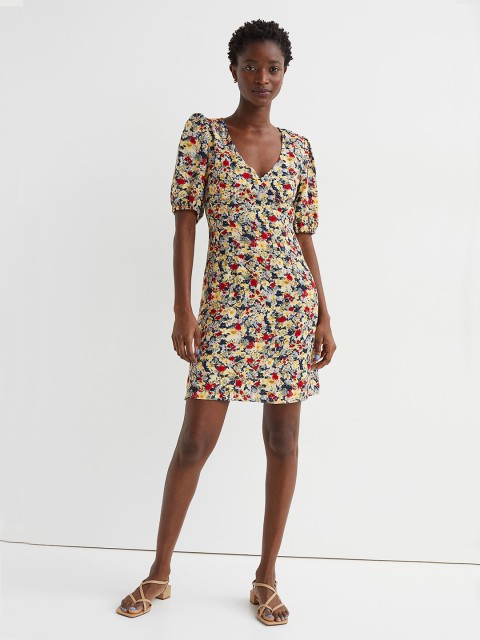 

H&M Women Multicoloured Puff-Sleeved Crepe Dress, Multi