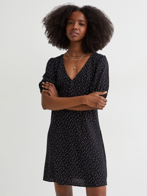 

H&M Women Black Polka Dots Printed Puff-Sleeved Crepe Dress