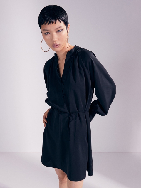 

H&M Women Black Solid Tie-Belt Satin Dress