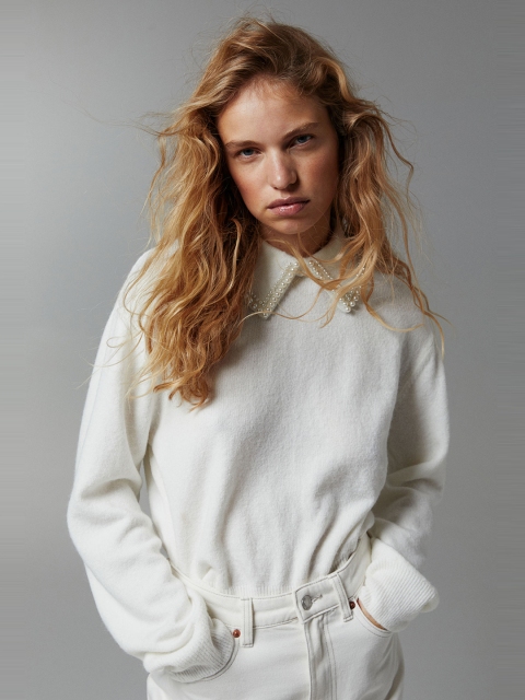 

H&M Women White Solid Beaded-Collar Jumper