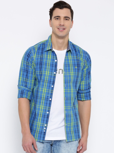 

United Colors of Benetton Men Blue Slim Checked Casual Shirt