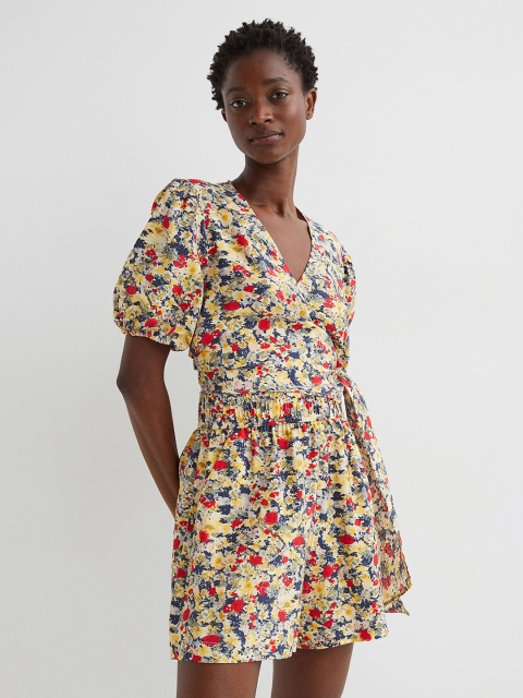 

H&M Multicoloured Balloon-Sleeved Wrapover Blouse, Multi
