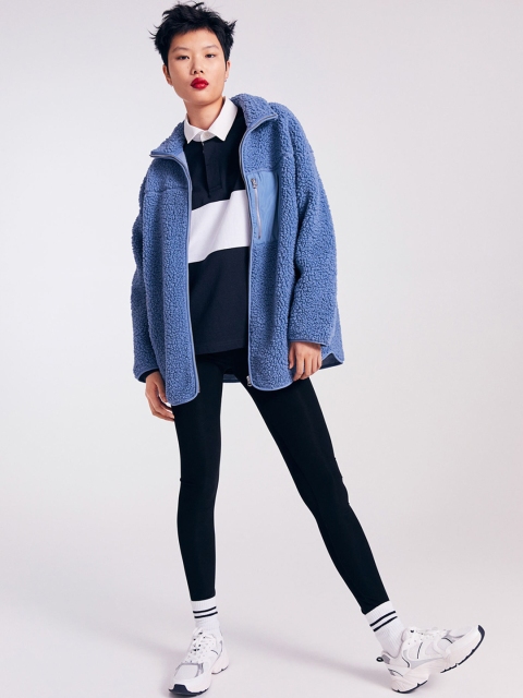 

H&M Women Blue Solid Teddy Jacket