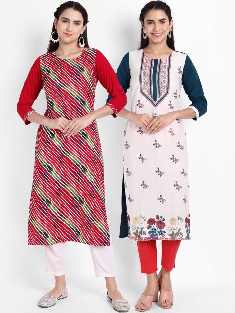 

KALINI Women White & Red Floral Printed Crepe Kurta