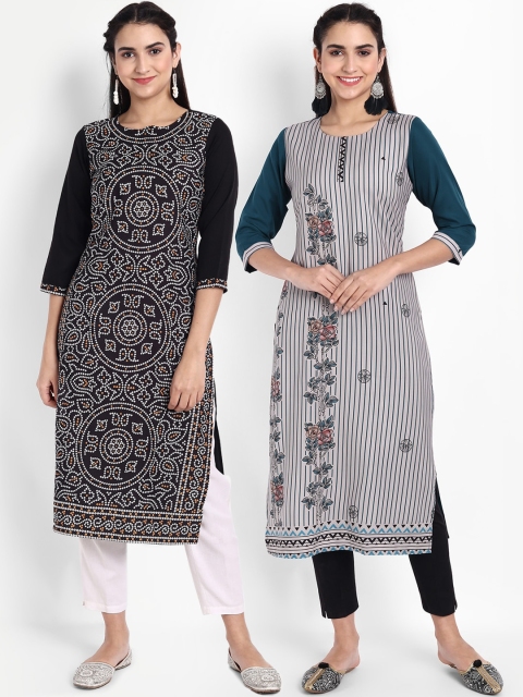 

KALINI Women Multicoloured Set Of 2 Ethnic Motifs Striped Thread Work Crepe Kurta, Multi