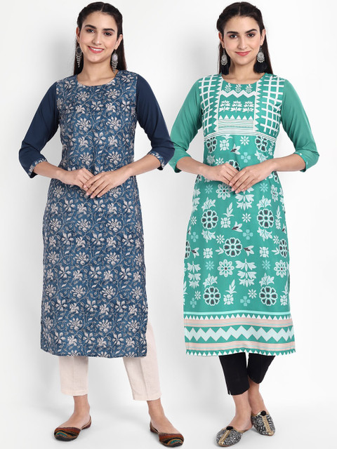 

KALINI Women Blue & Green Floral Printed Crepe Kurta