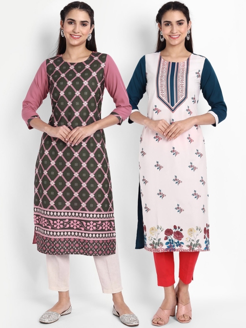 

KALINI Women Green & White Floral Printed Crepe Kurta
