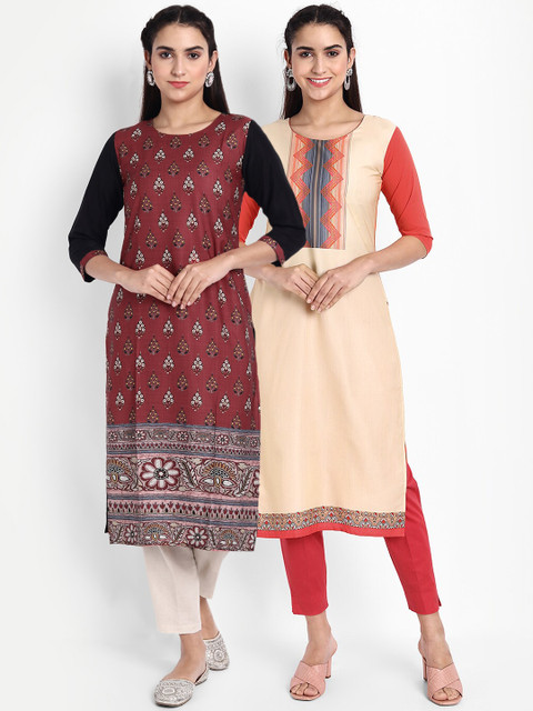

KALINI Women Multicoloured Set of 2 Ethnic Motifs Printed Crepe Kurta, Multi