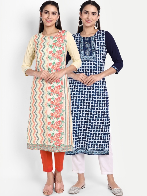 

KALINI Women Beige & Blue Printed Thread Work Crepe Kurta