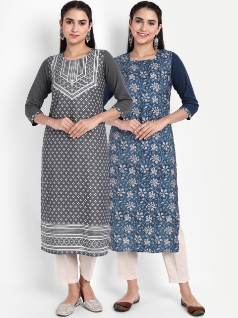 

KALINI Women Grey & Blue Floral Printed Crepe Kurta