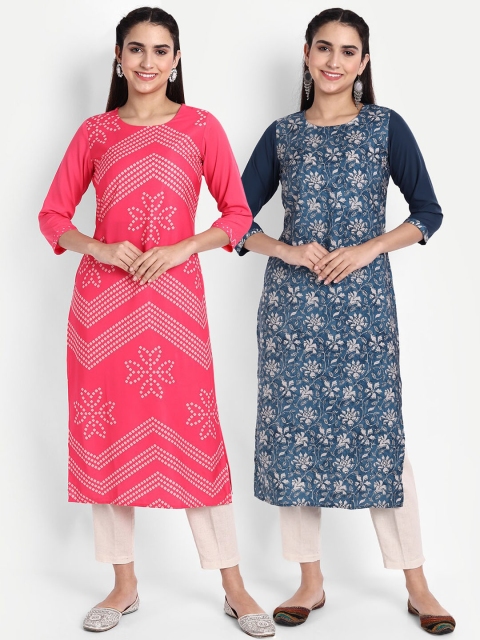 

KALINI Women Pink & Blue Floral Printed Crepe Kurta