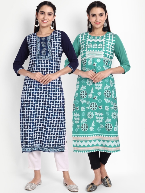 

KALINI Women Navy Blue & Green Ethnic Motifs Printed Crepe Kurta