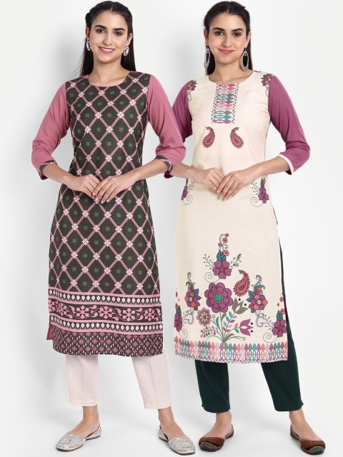

KALINI Women Pink & Beige Floral Printed Crepe Kurta
