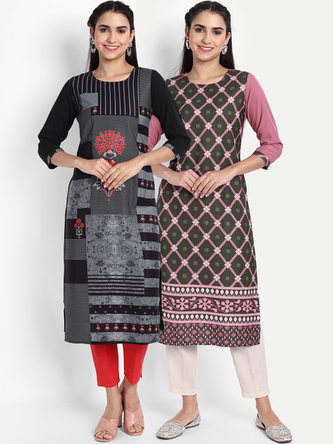 

KALINI Women Multi Color Set Of 2 Geometric Printed Straight Kurta