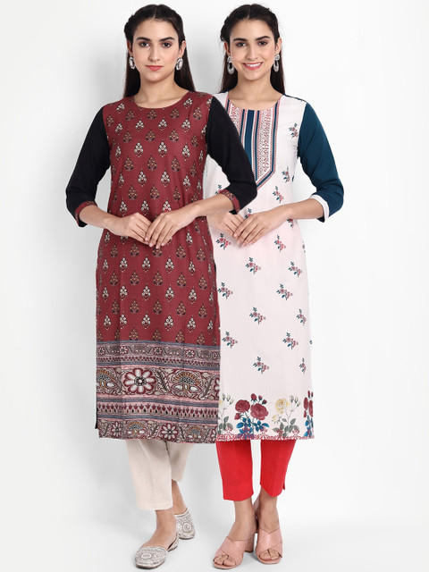 

KALINI Women Red & Cream-Coloured Ethnic Motifs Printed Crepe Kurta