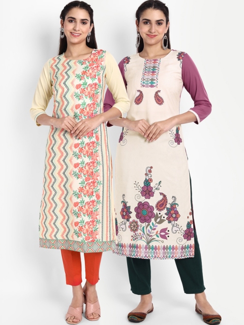

KALINI Women Off-White & Purple Floral Printed Thread Work Crepe Kurta