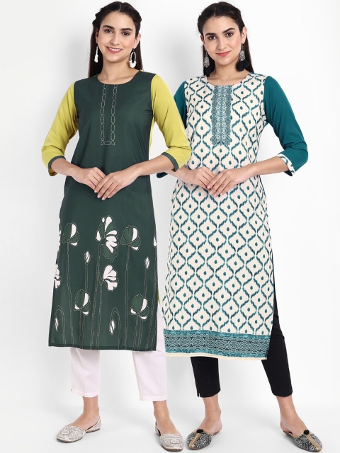 

KALINI Women White & Green Geometric Printed Crepe Kurta