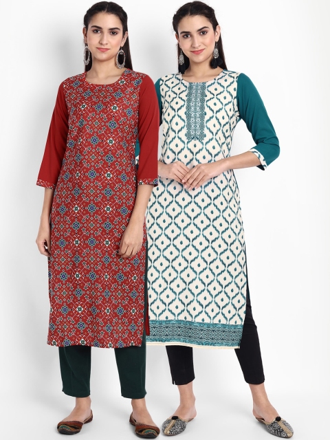 

KALINI Women Red & Off-White Ethnic Motifs Printed Crepe Kurta