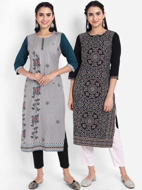 

KALINI Women Grey & Black Geometric Printed Thread Work Crepe Kurta