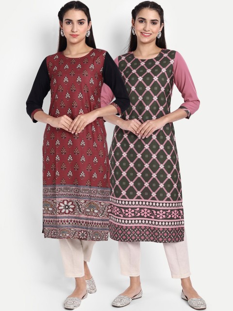 

KALINI Women Maroon & Grey Floral Printed Crepe Kurta