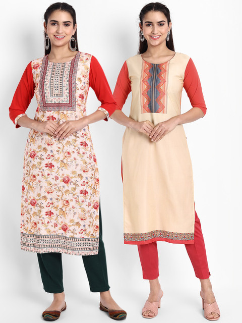 

KALINI Women Multicoloured Set of 2 Ethnic Motifs Printed Crepe Kurta, Multi