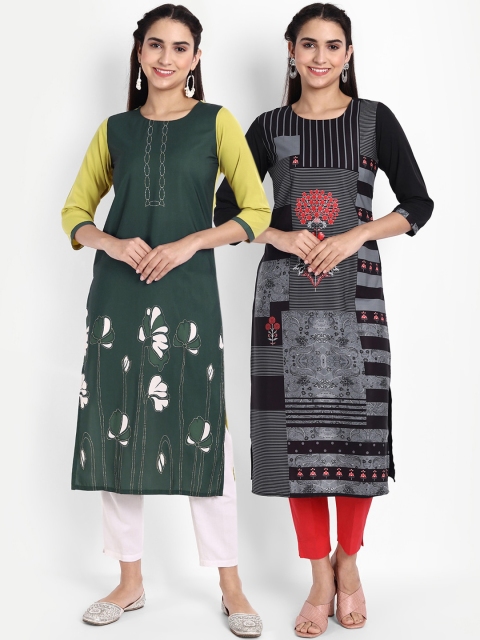 

KALINI Women Green & Black Set of 2 Floral Printed Crepe Kurta