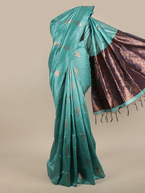 

Pothys Blue & Gold-Toned Floral Jute Silk Saree