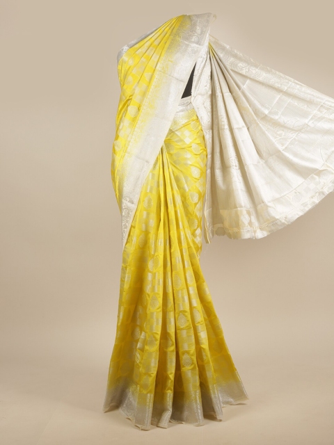 

Pothys Yellow & Silver-Toned Floral Zari Jute Silk Saree