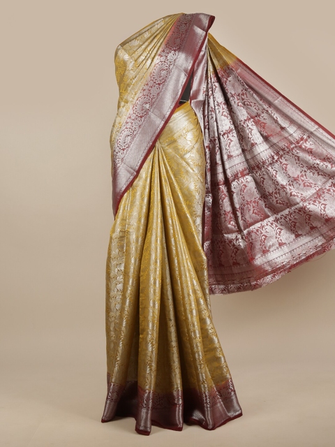 

Pothys Gold-Toned & Burgundy Floral Zari Jute Silk Saree