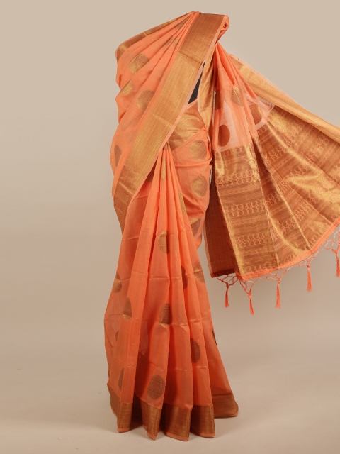

Pothys Peach-Coloured & Gold-Toned Paisley Zari Jute Silk Saree