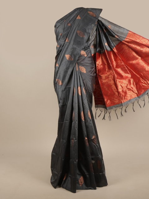 

Pothys Grey & Red Ethnic Motifs Zari Jute Silk Saree