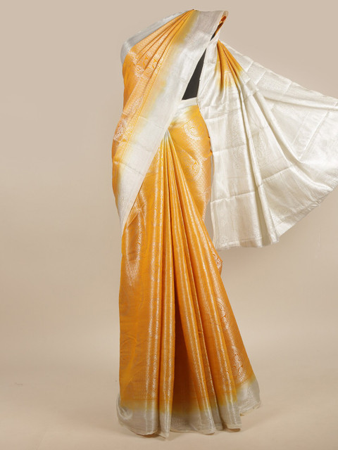 

Pothys Yellow & Silver-Toned Floral Zari Jute Silk Saree