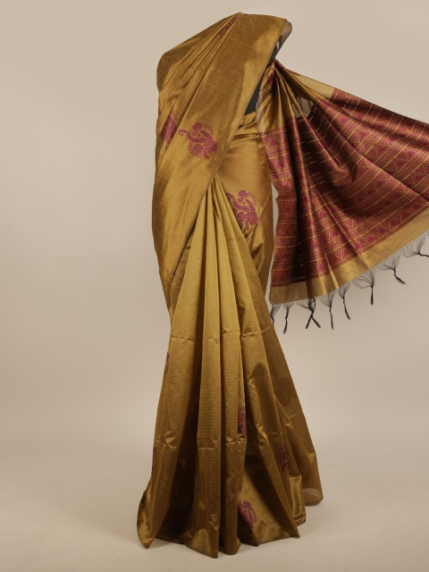 

Pothys Khaki & Magenta Ethnic Motifs Jute Silk Saree