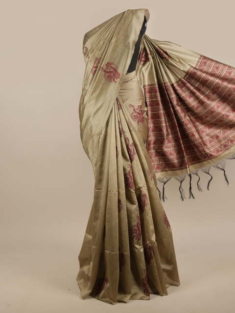 

Pothys Grey & Maroon Ethnic Motifs Jute Silk Saree