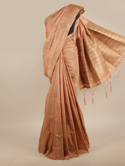 

Pothys Peach-Coloured & Gold-Toned Ethnic Motifs Zari Jute Silk Saree
