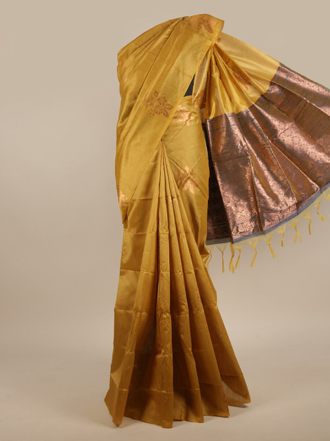 

Pothys Mustard Yellow & Grey Ethnic Motifs Zari Jute Silk Saree