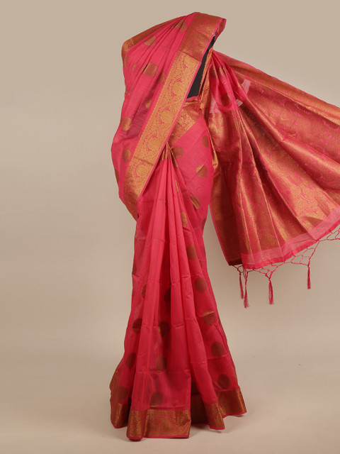

Pothys Pink & Gold-Toned Ethnic Motifs Zari Jute Silk Saree