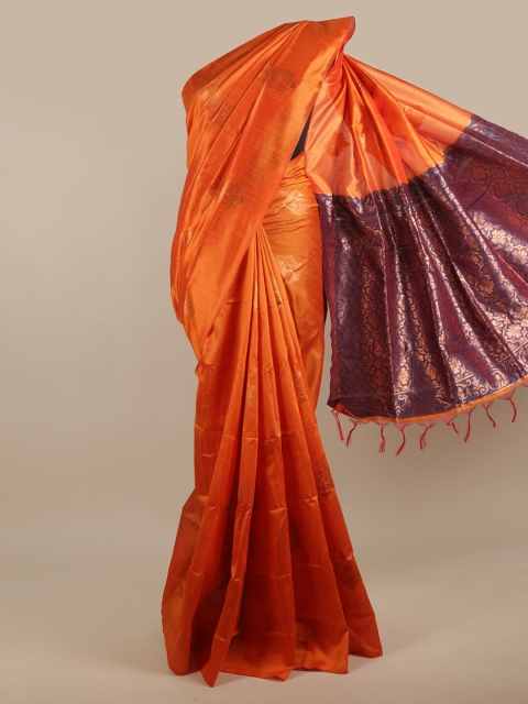 

Pothys Orange & Purple Ethnic Motifs Zari Jute Silk Saree