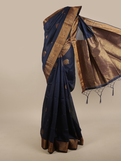 

Pothys Blue & Gold-Toned Ethnic Motifs Zari Jute Silk Saree