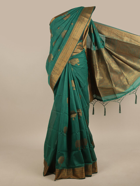 

Pothys Green & Gold-Toned Ethnic Motifs Zari Jute Silk Saree