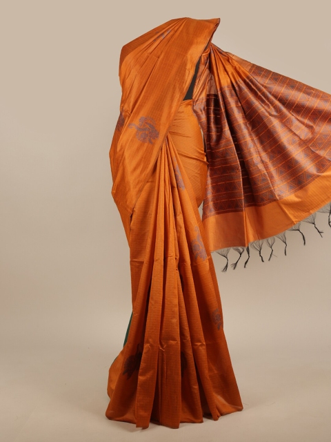 

Pothys Orange & Green Woven Design Jute Silk Saree