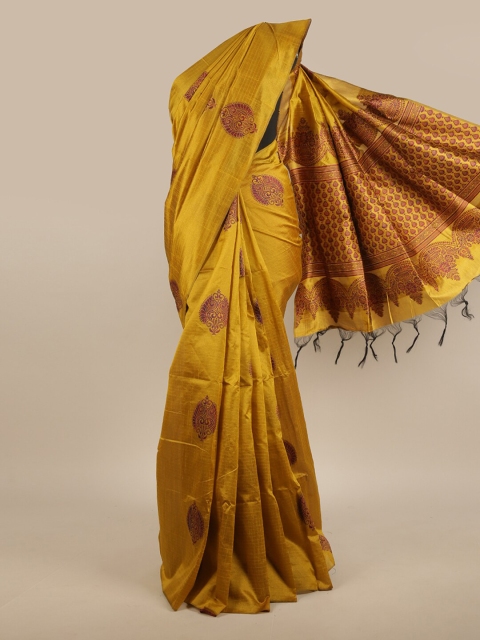

Pothys Mustard Yellow & Maroon Ethnic Motifs Jute Silk Saree