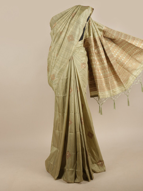 

Pothys Green & Gold-Toned Ethnic Motifs Zari Jute Silk Saree